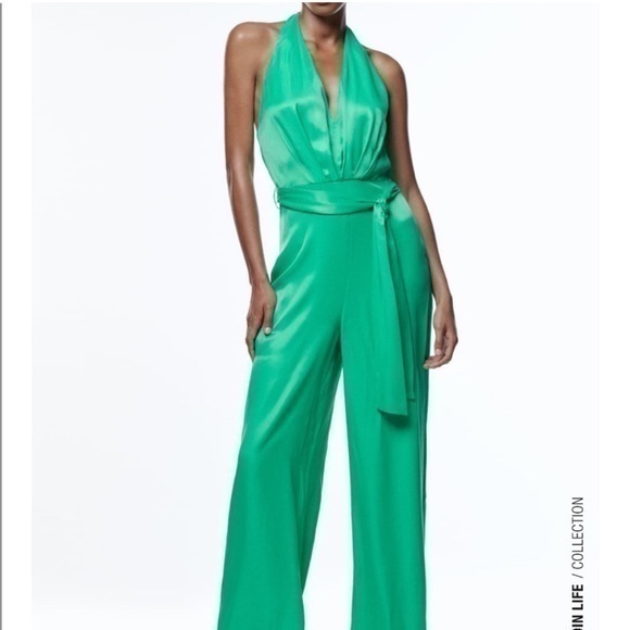 Zara NWT green satin effect jumpsuit - Picture 1 of 11